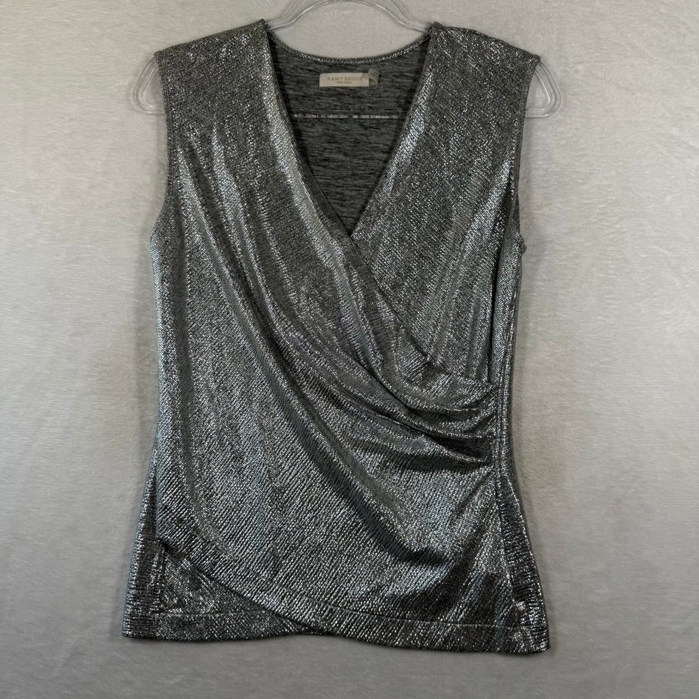 Ramy Brook Silver Metallic Sleeveless Surplice V-Neck Draped Top‎ Small
